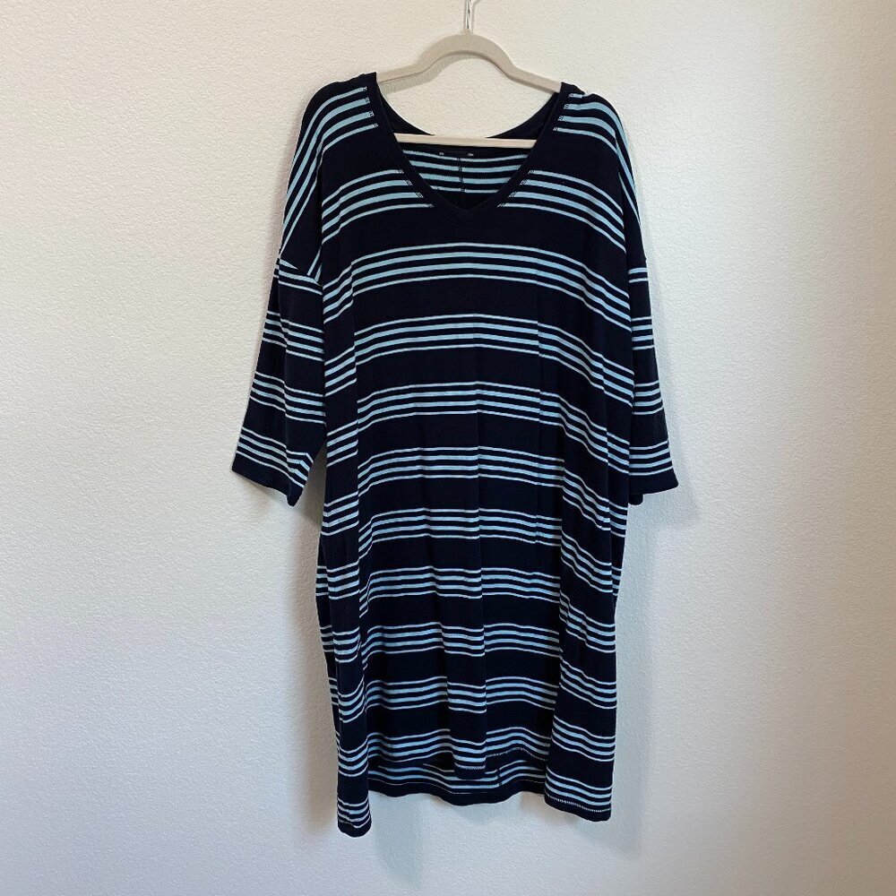 T By Talbots Terry Cotton Shift Dress Navy Stripe Button-Hem V-Neck - Picture 2 of 7